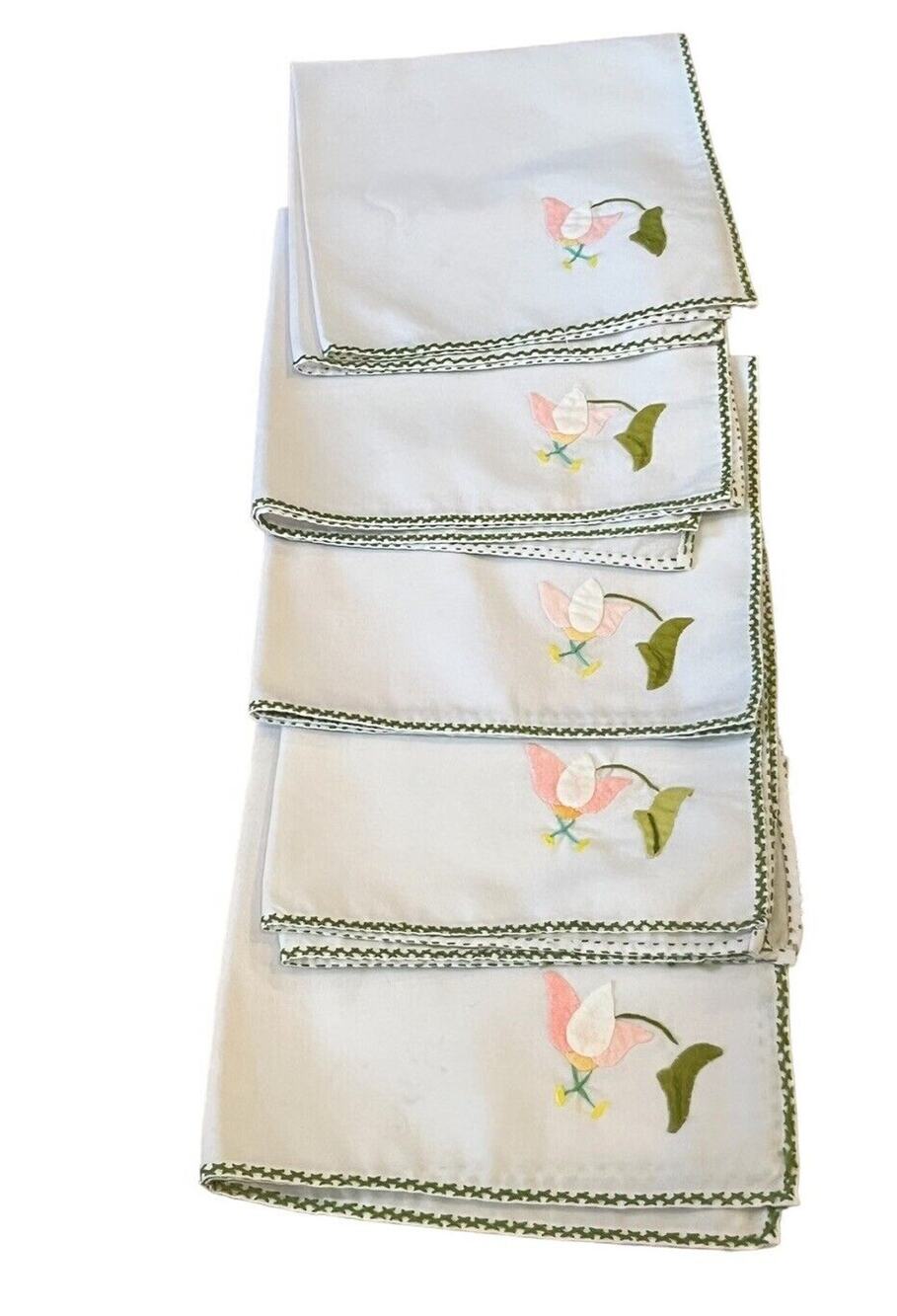 5 Embroidered Linen Napkins Green Edge Floral Farm Country Vtg Handkerchief